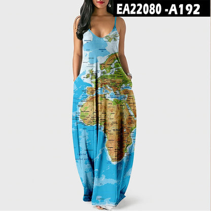 Women’s World Map Beach Dress – Elegant Sexy Long Sundress with Irregular Hem, Sleeveless Spaghetti Straps, Plus Size Summer Dress