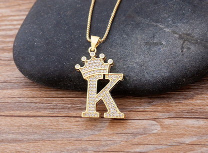 Nidin Luxury A-Z Crown Alphabet Pendant – Copper Zircon Initial Necklace Chain, Hip-Hop Style Jewelry for Men & Women