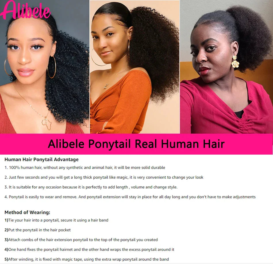 Alibele Mongolian Afro Kinky Curly Drawstring Ponytail – 4B/4C Remy Human Hair Extensions 10-28 Inch Clip-In