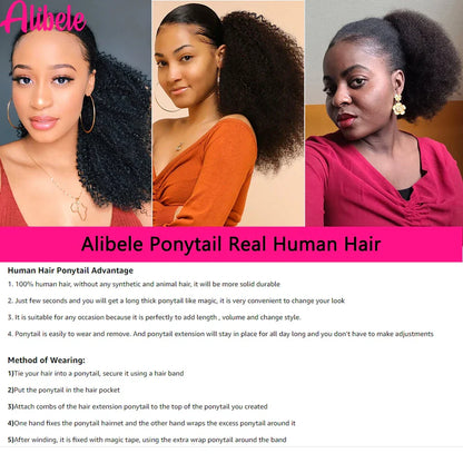 Alibele Mongolian Afro Kinky Curly Drawstring Ponytail – 4B/4C Remy Human Hair Extensions 10-28 Inch Clip-In