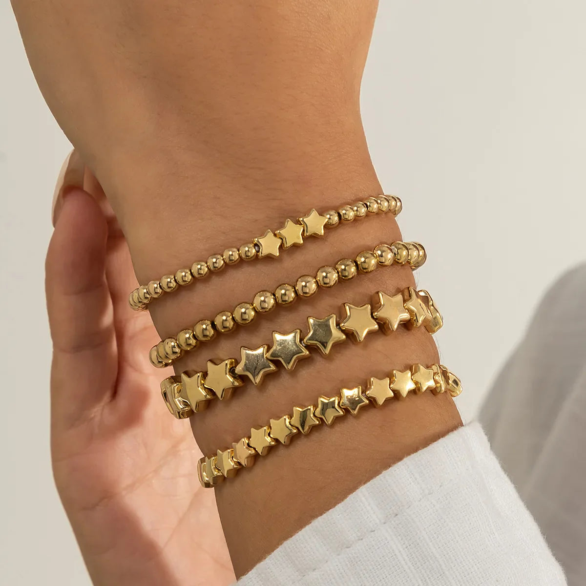 Boho Handmade Beaded Star Bracelet Set — Retro Gold Metal Bracelets for Women, Girly Charm Fashion Jewelry
