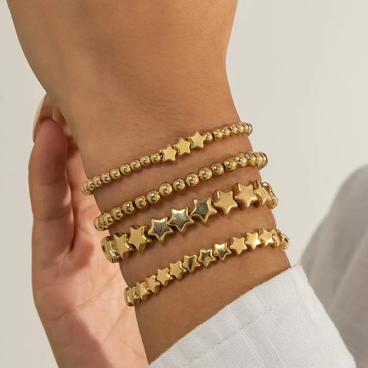 Boho Handmade Beaded Star Bracelet Set — Retro Gold Metal Bracelets for Women, Girly Charm Fashion Jewelry