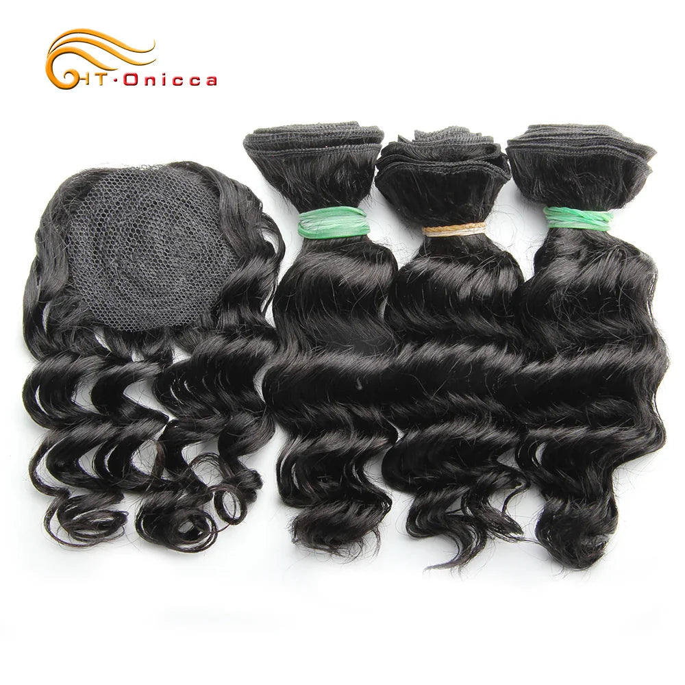 Kinky Curly Human Hair Bundles with Closure – Short Indian Hair Bundles with Circular Closure