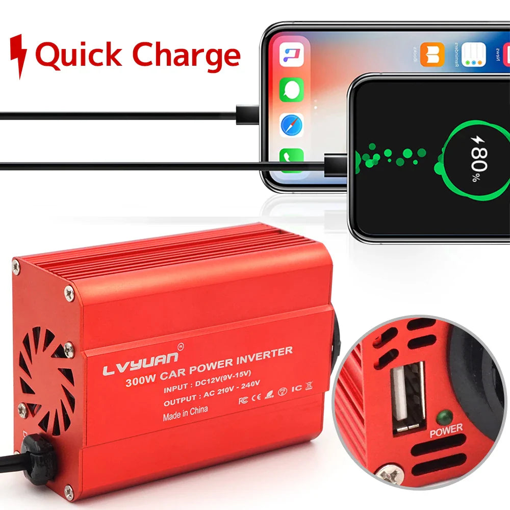 300W Car Power Inverter - DC 12V to AC 110V/220V Dual USB Adapter Converter with Modified Sine Wave, EU & US Sockets