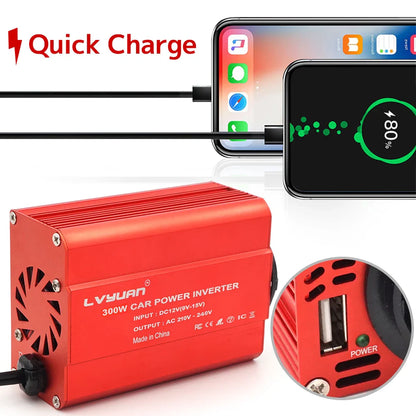 300W Car Power Inverter - DC 12V to AC 110V/220V Dual USB Adapter Converter with Modified Sine Wave, EU & US Sockets