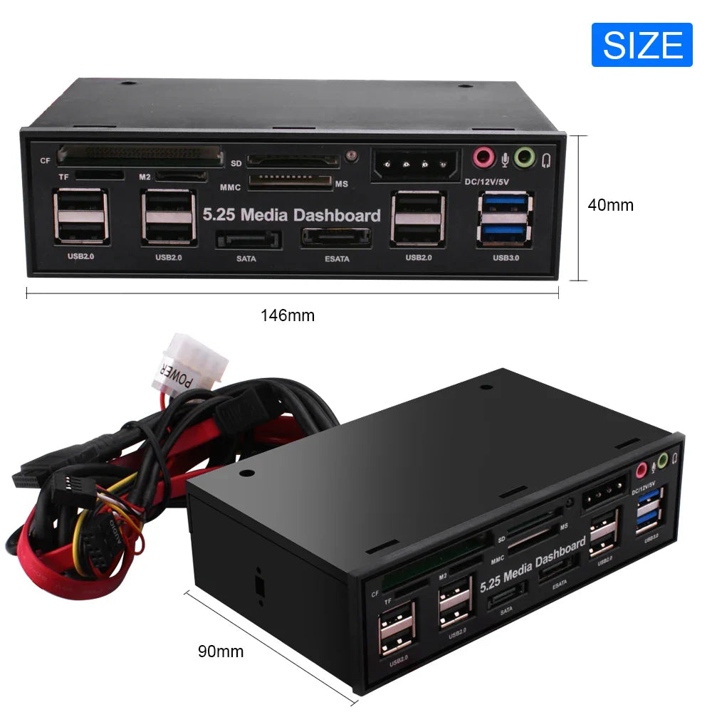 DeepFox 5.25" Media Dashboard Card Reader – USB 2.0/3.0, e-SATA, SATA Front Panel for Optical Drive Bays