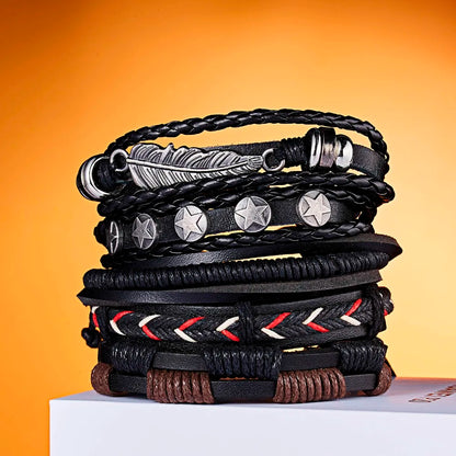 Men's Vintage Multilayer Leather Braid Bracelet - Handmade Star, Leaf & Owl Rope Wrap Bangle, Male Gift Jewelry