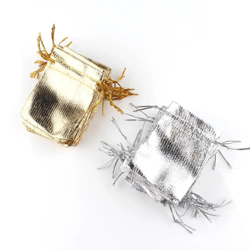50-Pack Adjustable Jewelry Packing Bags – Gold & Silver Drawstring Party, Candy & Wedding Gift Bags (7x9cm & 9x12cm)