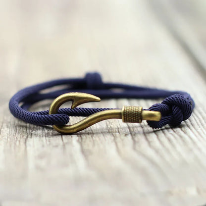 Vintage Fish Hook Men's Bracelet – Double Layer Braided Lucky Wine Red Adjustable Bracelet, Gift for Him