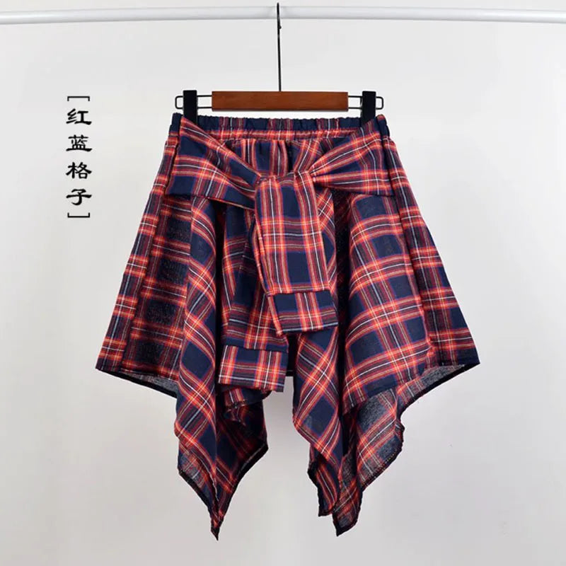 TOTRUST Women’s Fashion Asymmetrical Summer Plaid Mini Skirt – Casual College Style Fake Shirt Design