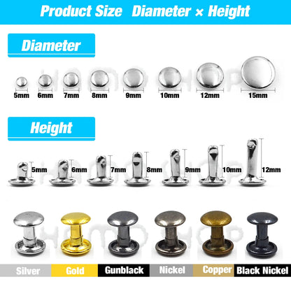 100Set Metal Double Cap Rivets - 5-15mm Round Stud Nails for Leathercraft, Shoes, Bags, Belts, Clothing & DIY Repairs