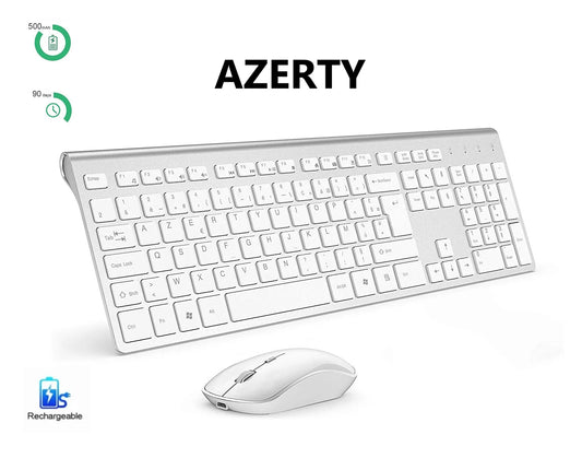 France Layout Wireless Keyboard and Mouse Combo – Full-Size Slim AZERTY Numeric Keypad, Rechargeable Built-In Battery Set