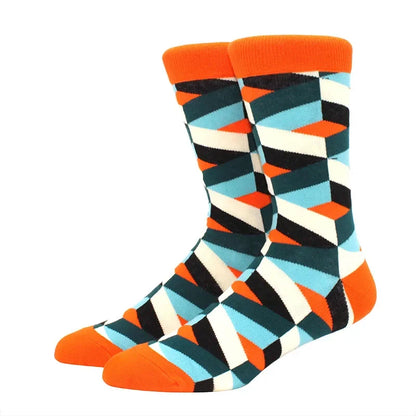 Men’s Funny Argyle Diamond Pattern Cotton Socks – Large Size 3D Geometric Crew Tube Socks, Combed Cotton Casual Novelty Socks