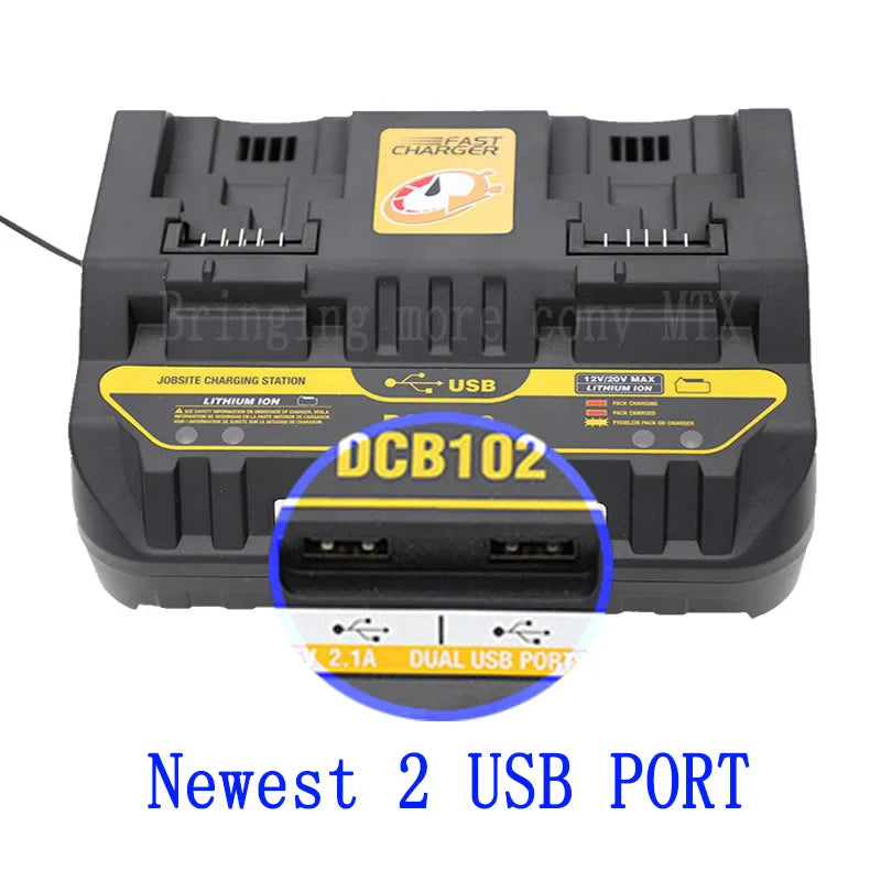 Fast Charging DCB102 Li-ion Battery Charger - For DeWalt 12V, 14.4V, 18V, 20V with USB Port & Dual Charging Position