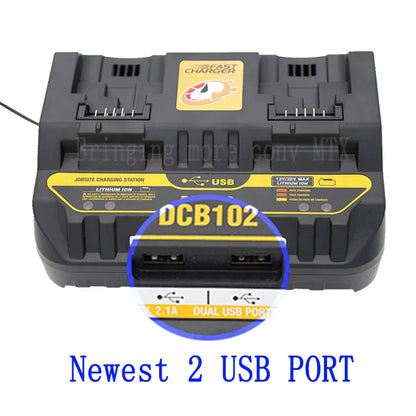 Fast Charging DCB102 Li-ion Battery Charger - For DeWalt 12V, 14.4V, 18V, 20V with USB Port & Dual Charging Position