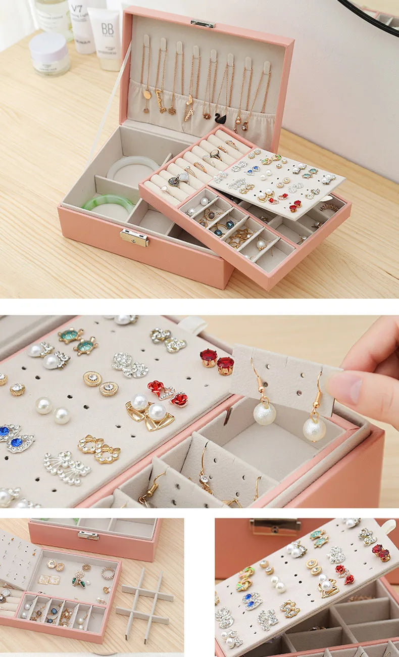 Double-Layer Wooden Jewelry Box – PU Leather Ring & Accessory Organizer with Storage and Makeup Case