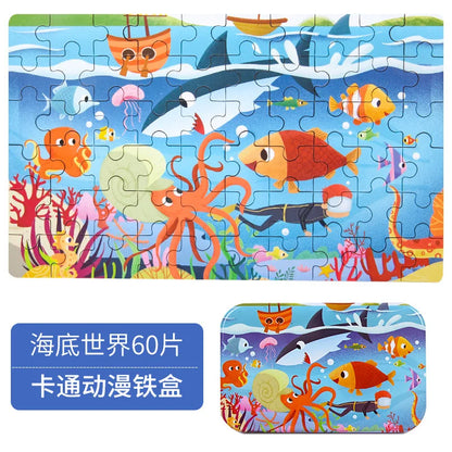 60PCS Wooden Puzzle Toys – Cartoon Vehicle & Animal Jigsaw for Kids’ Learning & Educational Play