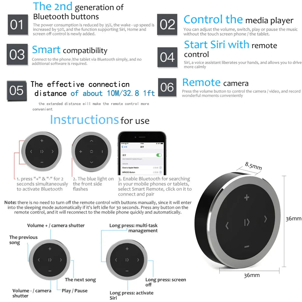 Mini Wireless Bluetooth-compatible Media Button Remote Controller: Steering Wheel MP3 Music Play for Car, Motorcycle - Compatible with IOS & Android