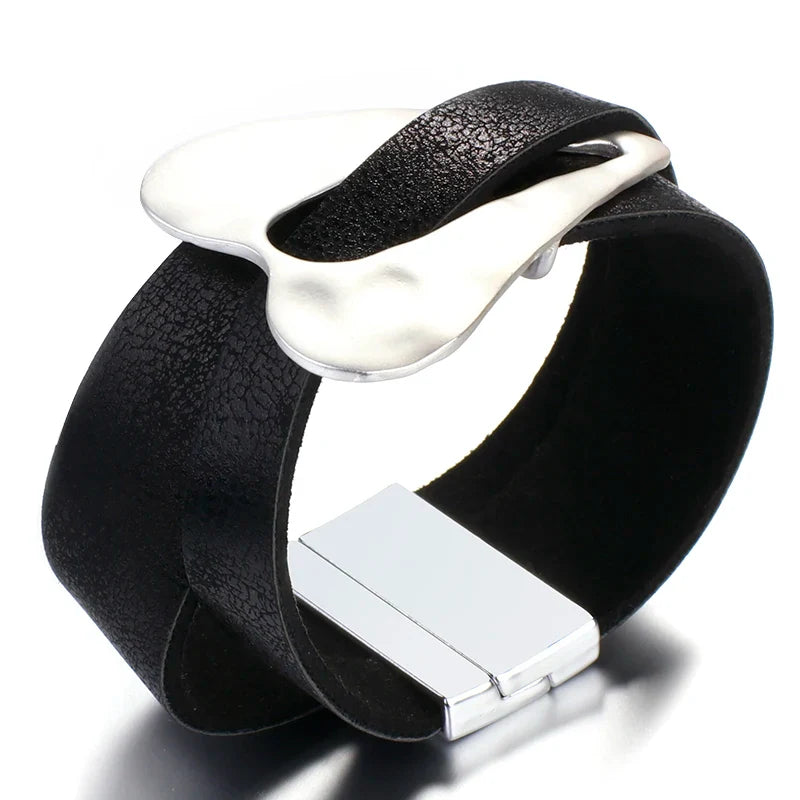 ALLYES Black Leather Bracelet for Men & Women - Fashion 2024 Magnetic Buckle with Heart Charm, Wide Wrap Jewelry