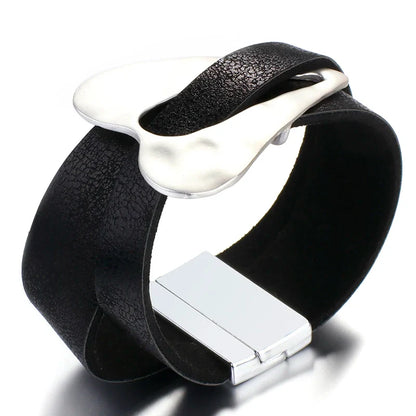 ALLYES Black Leather Bracelet for Men & Women - Fashion 2024 Magnetic Buckle with Heart Charm, Wide Wrap Jewelry
