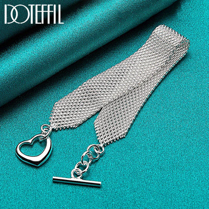 DOTEFFIL 925 Sterling Silver Heart Bracelet – Watchband Style Chain Jewelry for Men & Women
