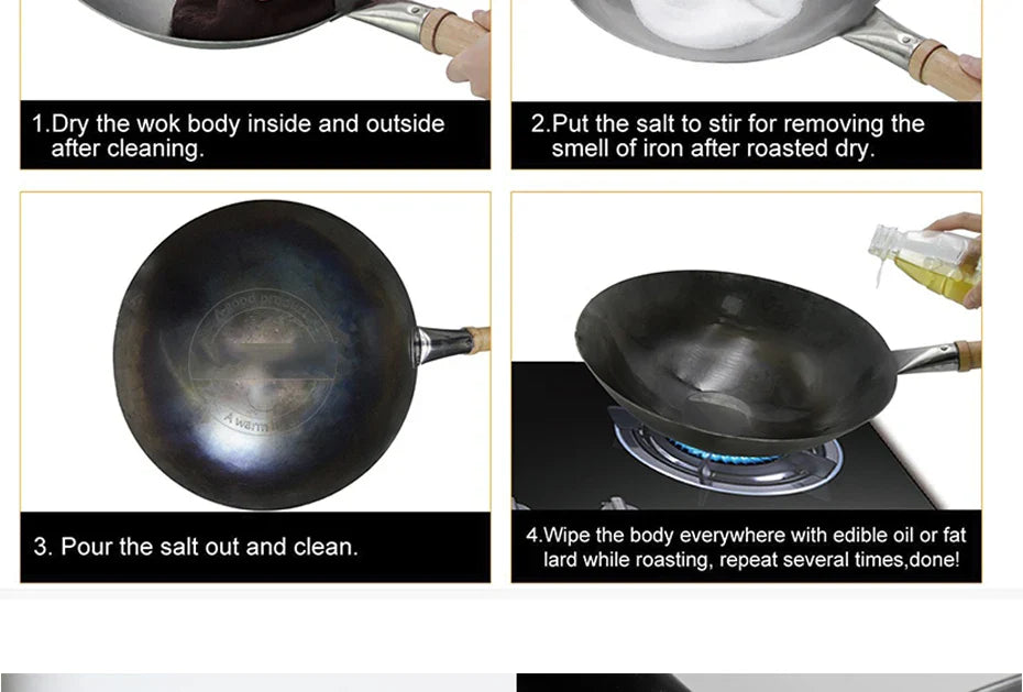 Hand Forged Household Iron Wok, Pure Iron Pan with Wooden Handle, Non-Coating, Non-Stick, for Gas Cooker