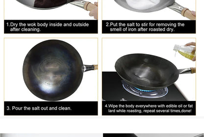 Hand Forged Household Iron Wok, Pure Iron Pan with Wooden Handle, Non-Coating, Non-Stick, for Gas Cooker