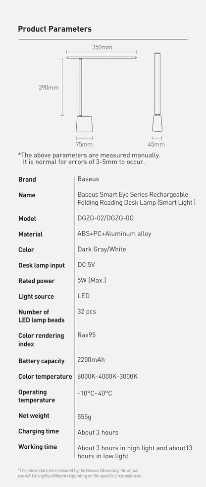 Baseus LED Desk Lamp – Eye Protection, Dimmable, Foldable Table Lamp with Smart Adaptive Brightness for Study & Office