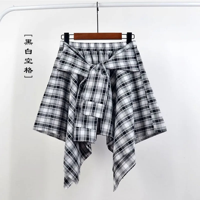 TOTRUST Women’s Fashion Asymmetrical Summer Plaid Mini Skirt – Casual College Style Fake Shirt Design