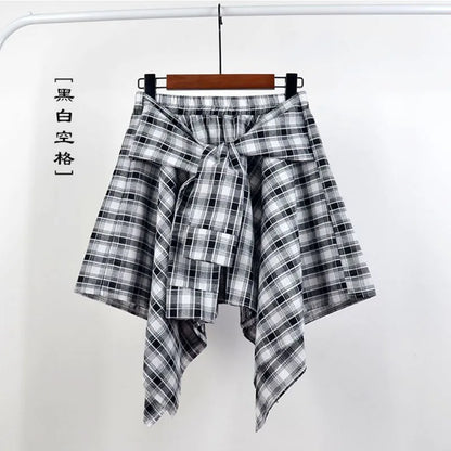 TOTRUST Women’s Fashion Asymmetrical Summer Plaid Mini Skirt – Casual College Style Fake Shirt Design