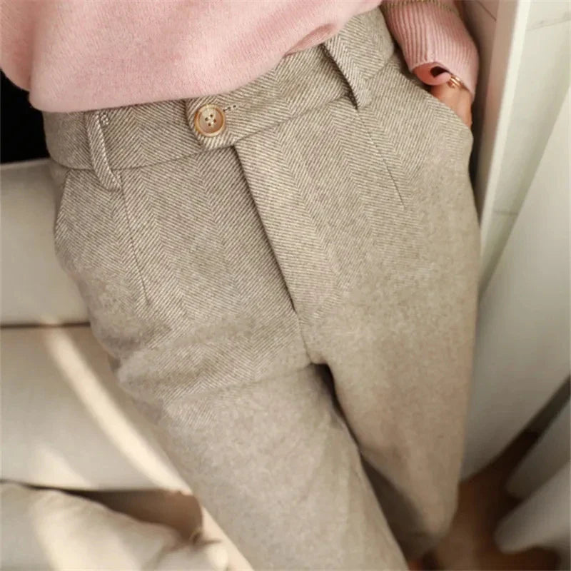 Women's Woolen Harem Pants - High Waisted Casual Pencil Trousers for Autumn/Winter 2024, Ideal for Office and Everyday Wear