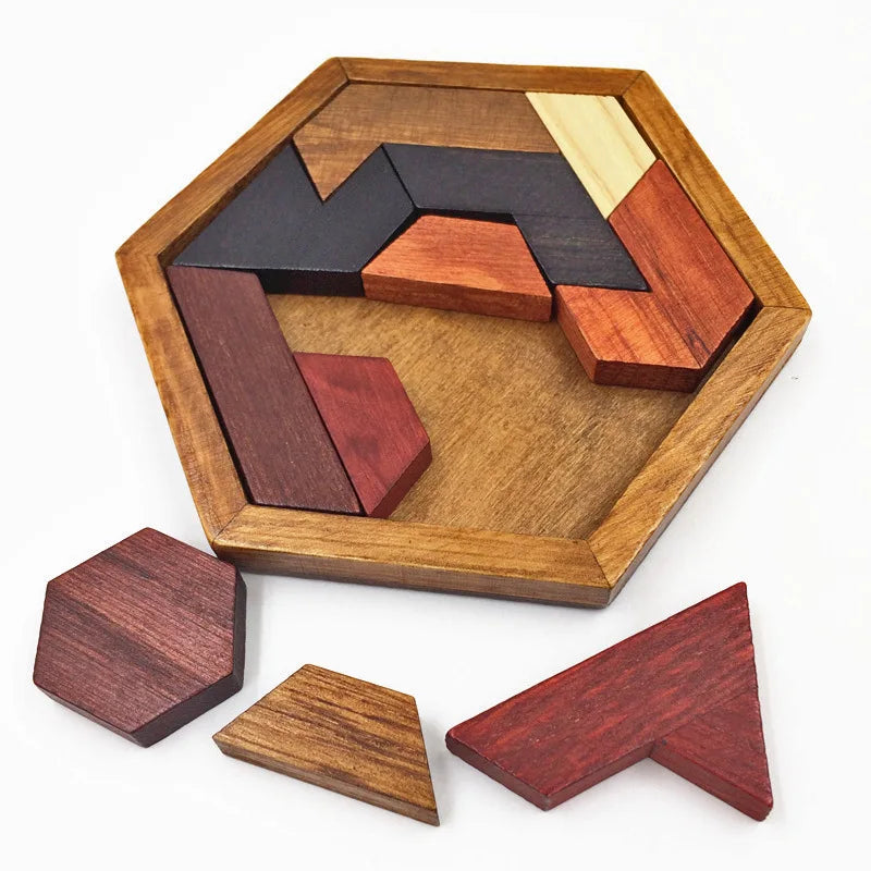 Hexagonal Wooden Puzzles – IQ Brain Teaser Game, Educational Tangram Toy for Kids & Adults, Montessori Gift for Cognitive Development