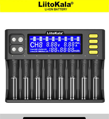 LiitoKala Lii-S12/Lii-S8 Battery Charger – LCD 18650, 21700, 26650, 26700, 20700, 18350, 9V IMR, NiMH/Cd, AA & AAA Rechargeable Batteries