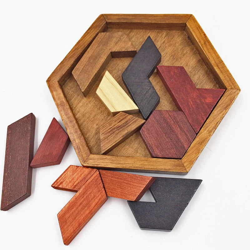 Hexagonal Wooden Puzzles – IQ Brain Teaser Game, Educational Tangram Toy for Kids & Adults, Montessori Gift for Cognitive Development