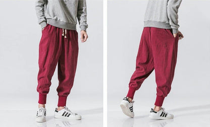 Men’s Cotton Linen Harem Pants – Solid Color Baggy Drop-Crotch Joggers with Elastic Waist Casual Streetwear Trousers