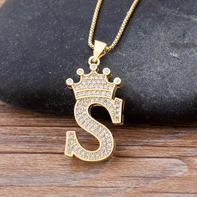 Nidin Luxury A-Z Crown Alphabet Pendant – Copper Zircon Initial Necklace Chain, Hip-Hop Style Jewelry for Men & Women