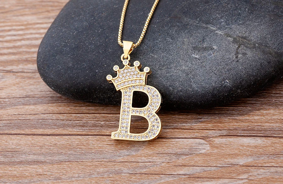Nidin Luxury A-Z Crown Alphabet Pendant – Copper Zircon Initial Necklace Chain, Hip-Hop Style Jewelry for Men & Women