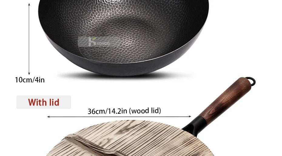 Konco 32cm Cast Iron Wok – Non-Coated Chinese Cookware Pan for Gas & Induction Kitchen Use