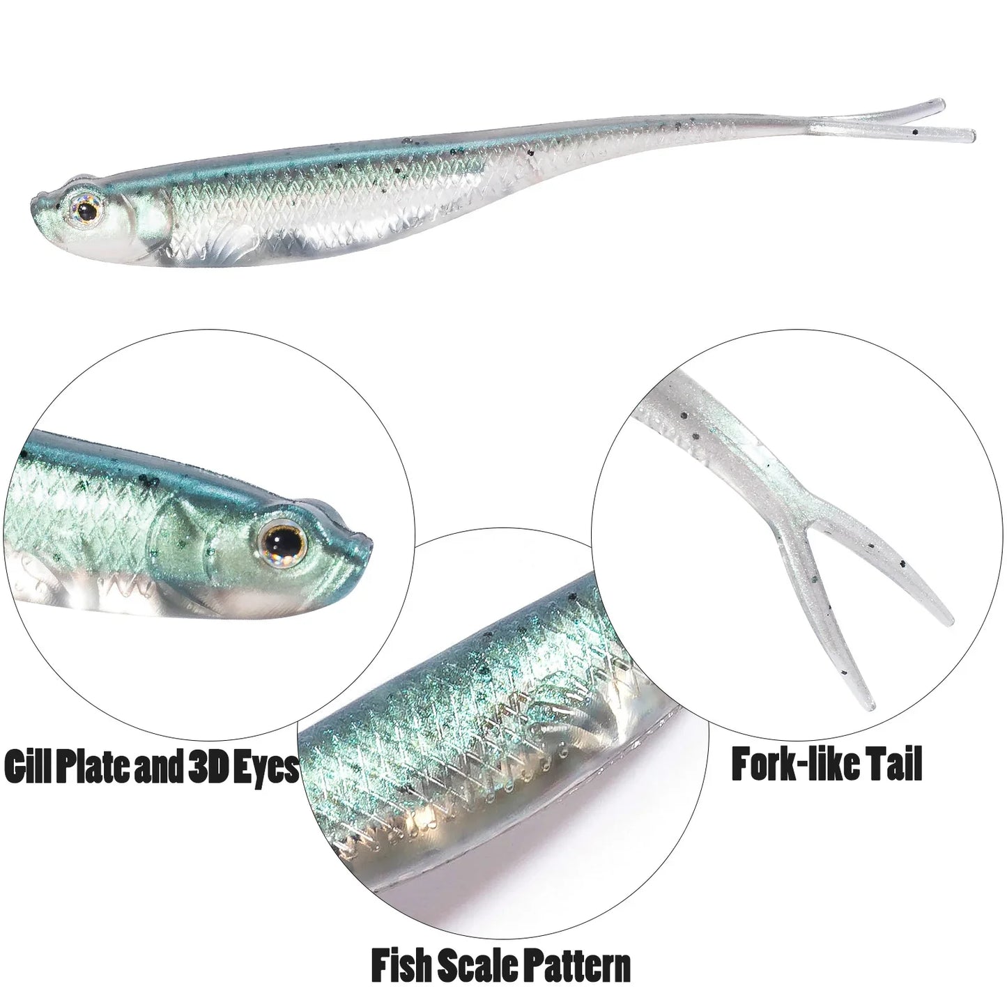 Dr.Fish 5/6pcs Soft Fishing Lures — Saltwater Silicone Fork Tail Drop Shot Baits for Bass, Trout, Pike, Walleye, Weedless