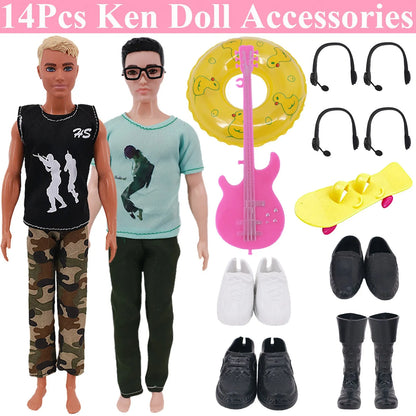 30-Piece Ken Doll Accessories Set — Clothes, Glasses, Shoes, Hangers, Guitar, Skateboard & Headsets for Barbie Dolls, DIY Toy for Girls