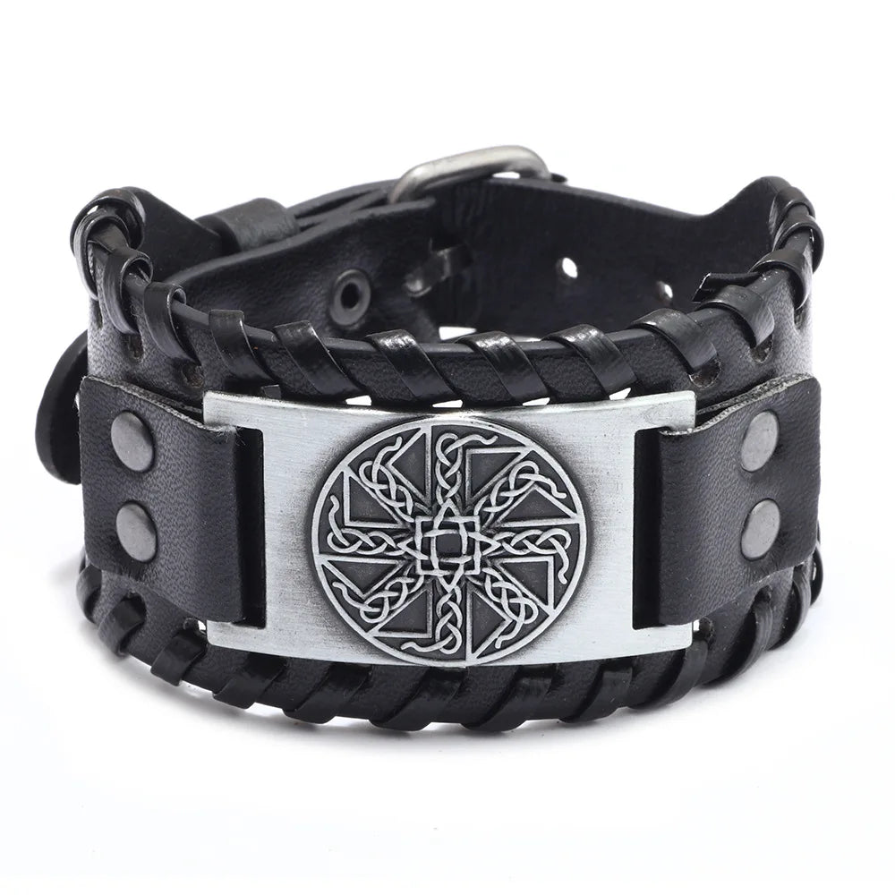 Totem Design Wide Leather Pirate Compass Bracelet - Men's Celtic Viking Jewelry, Party Gift Accessories