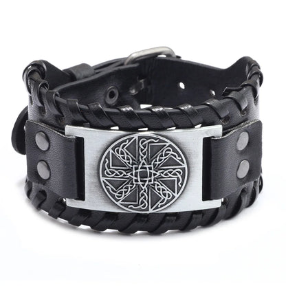 Totem Design Wide Leather Pirate Compass Bracelet - Men's Celtic Viking Jewelry, Party Gift Accessories