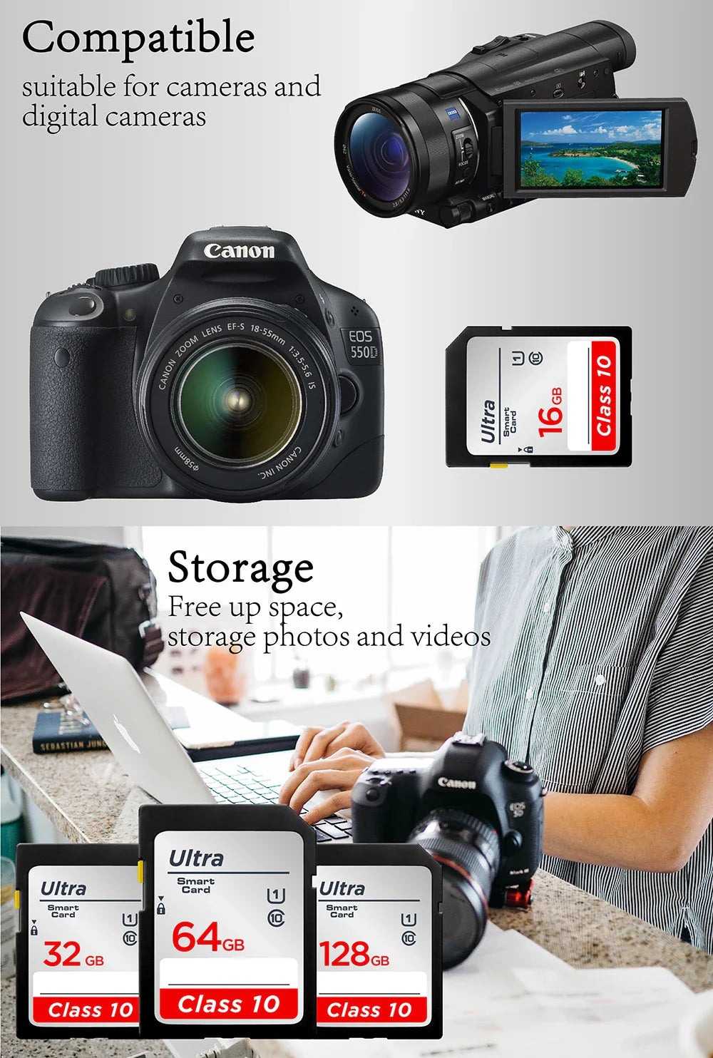 High-Speed SD Memory Card — 16GB/32GB/64GB/128GB/256GB V10 Flash Card for Cameras