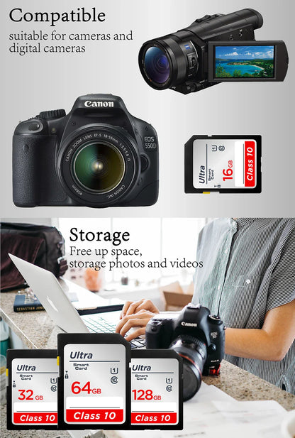 High-Speed SD Memory Card — 16GB/32GB/64GB/128GB/256GB V10 Flash Card for Cameras
