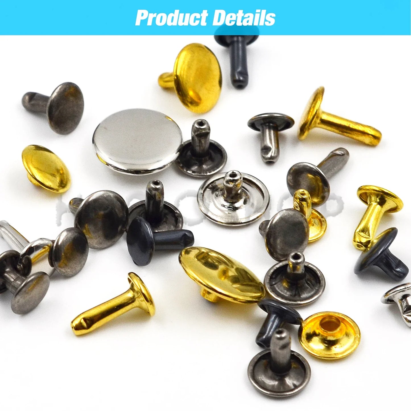100Set Metal Double Cap Rivets - 5-15mm Round Stud Nails for Leathercraft, Shoes, Bags, Belts, Clothing & DIY Repairs