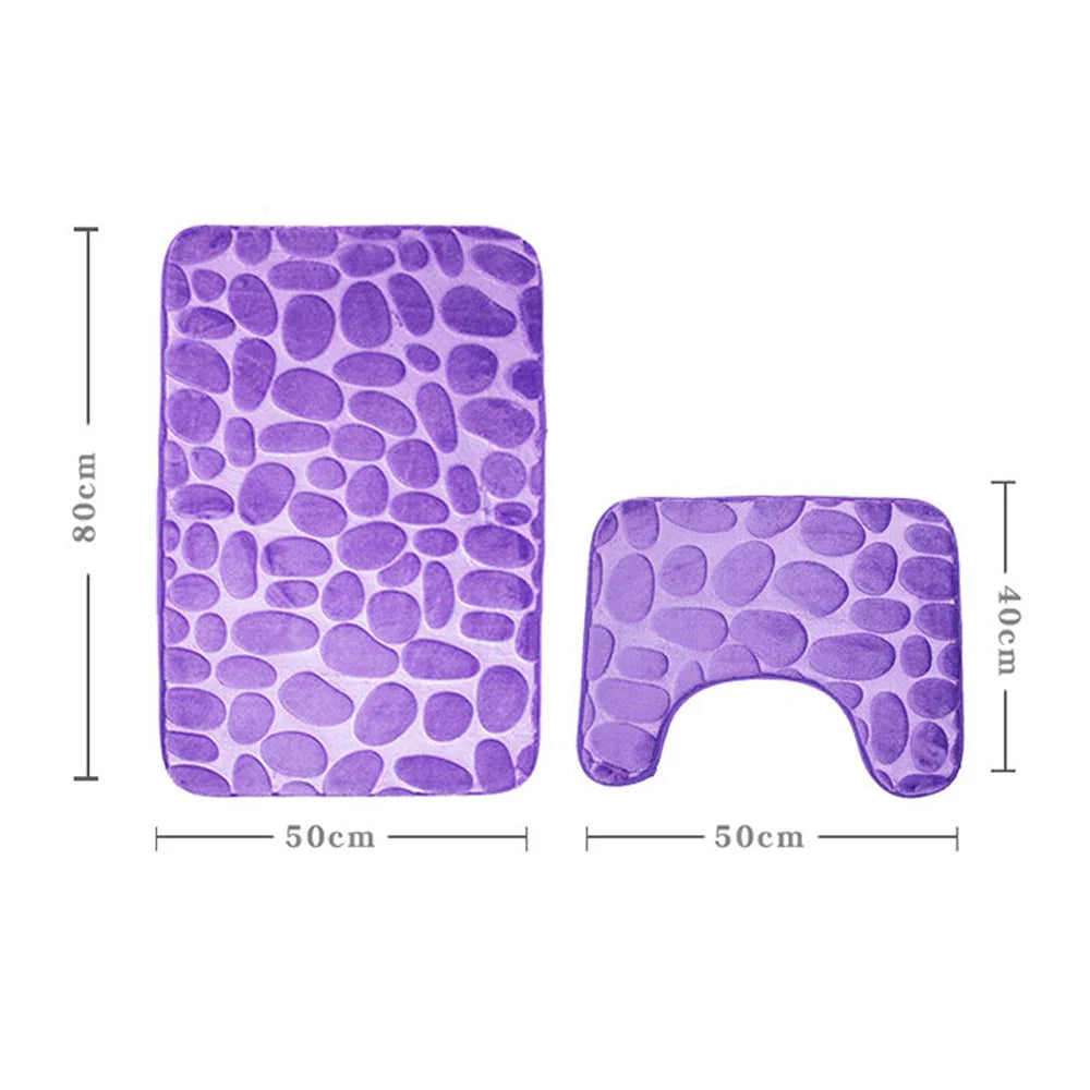 2PC Set Funnel Cobblestone Anti-Slip Bathroom Mat - Toilet Rug, New Bath Mat Set