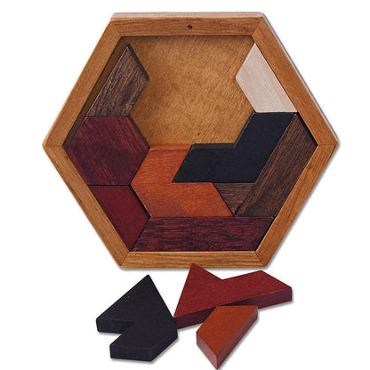 Hexagonal Wooden Puzzles – IQ Brain Teaser Game, Educational Tangram Toy for Kids & Adults, Montessori Gift for Cognitive Development