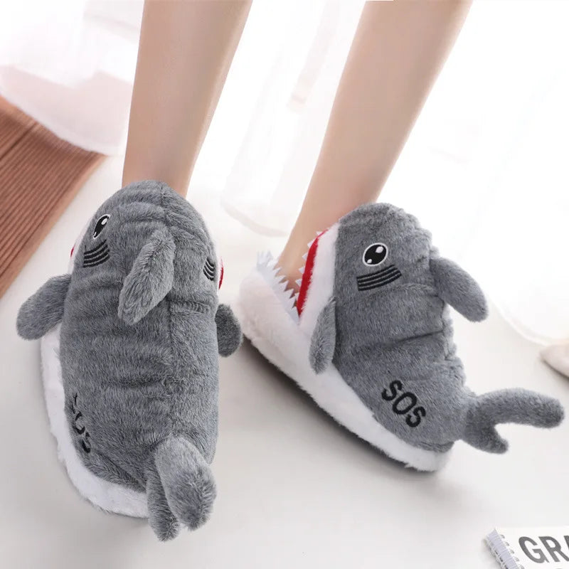 Feerldi Shark Winter Slippers — Cartoon Anime Slip-On Fish Slides for Girls, Boys & Women, Plush Open-Mouth Cotton Shoes
