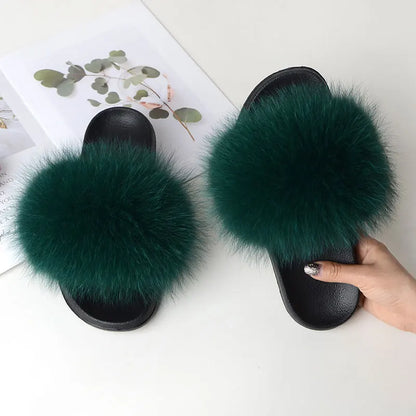 Women’s Summer Fluffy Fur Slippers — Real Fox Fur Non-Slip Flat Slides & Sandals, Large Size