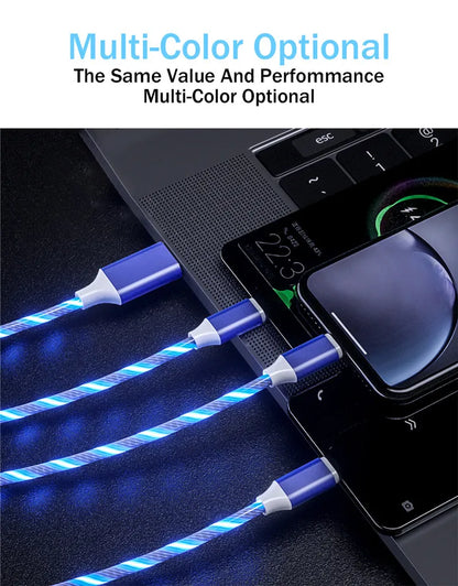 3-in-1 LED Glowing Charging Cable – 3A Micro USB & Type-C Flowing Streamer Cord for iPhone, Xiaomi & Huawei